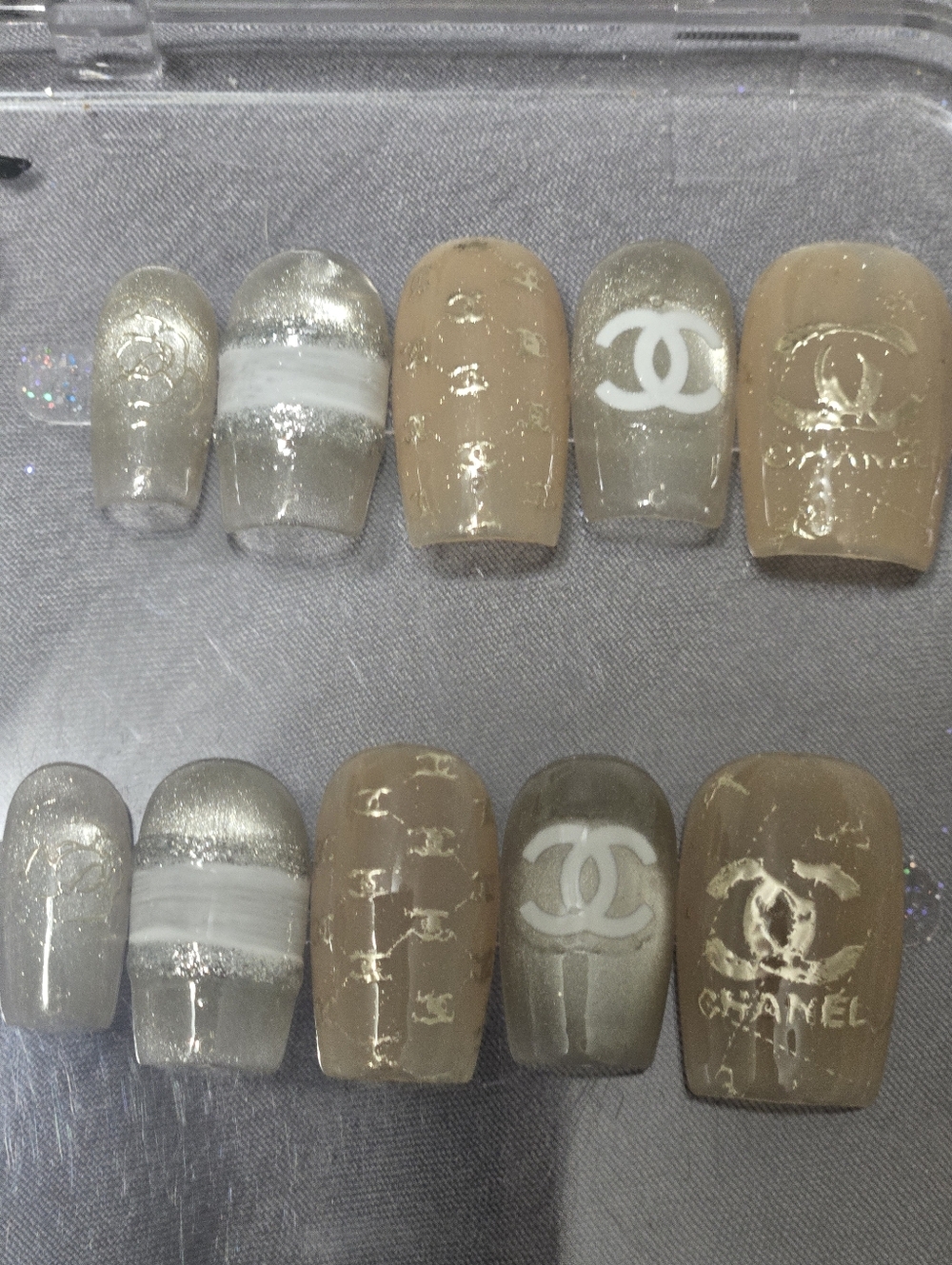 Luxeey Inspired Logo Nude and Silver Designer Press-On Nail Set